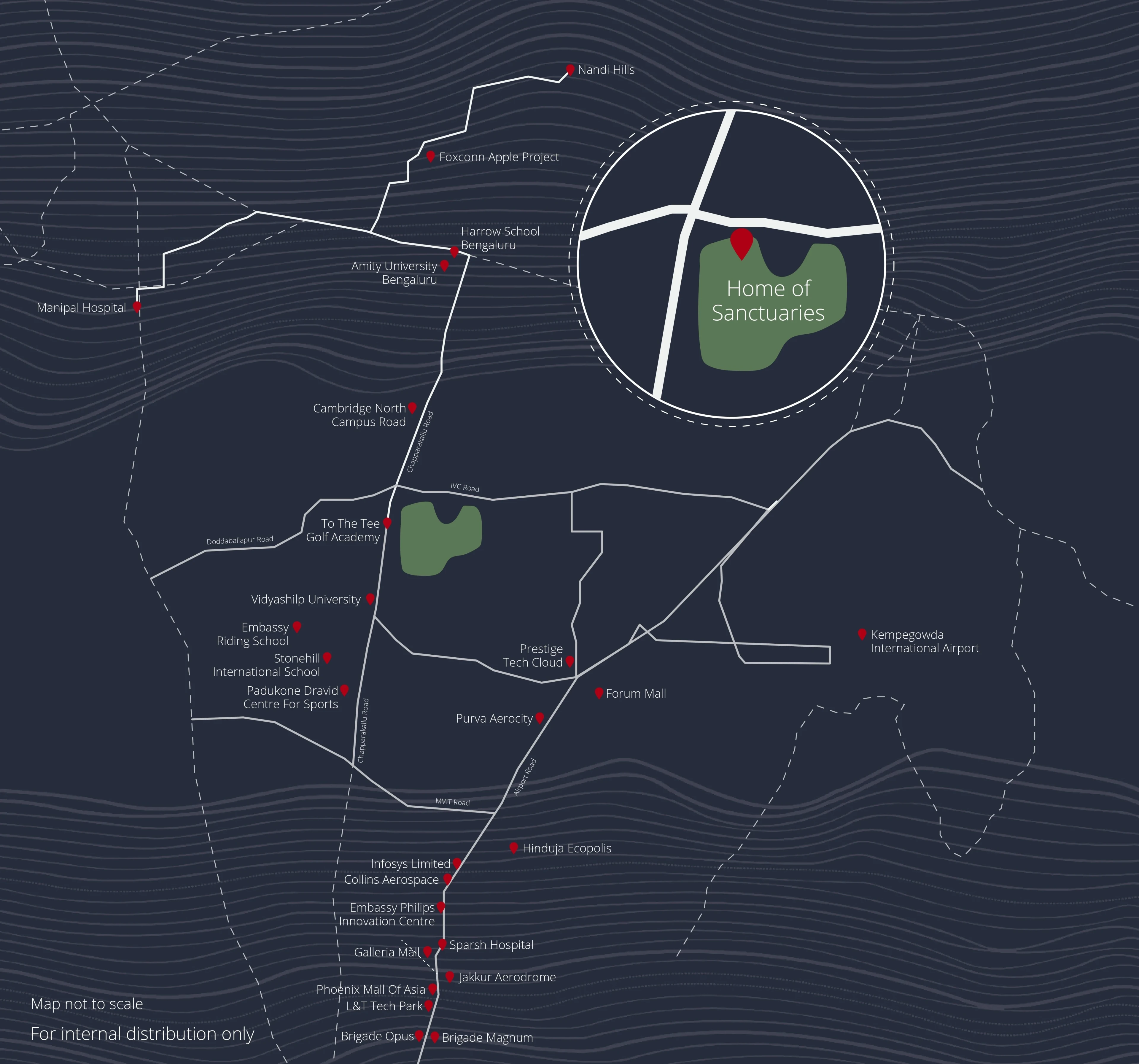 Location map showing Amanvana on IVC Road, Devanahalli — proximity to airport, tech parks and schools