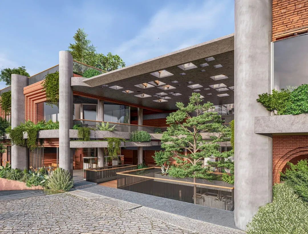 Amanvana villa exterior — multi-level terraced home with green roofs and landscaping